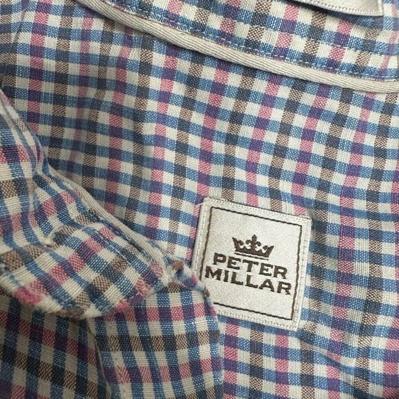 Peter Millar Mens Blue Pink Plaid Silk Linen Short Sleeve Button Up Shirt Sz L - Picture 1 of 10